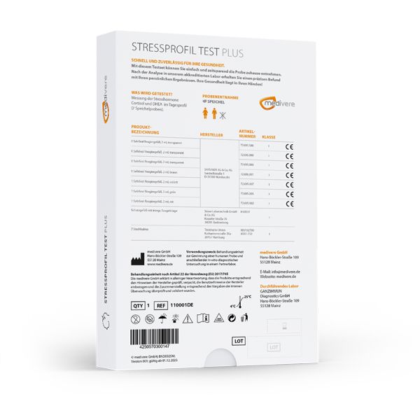 Rückseite der Produktverpackung mit Text, Tabellen und Logos. CE-Kennzeichnung.
