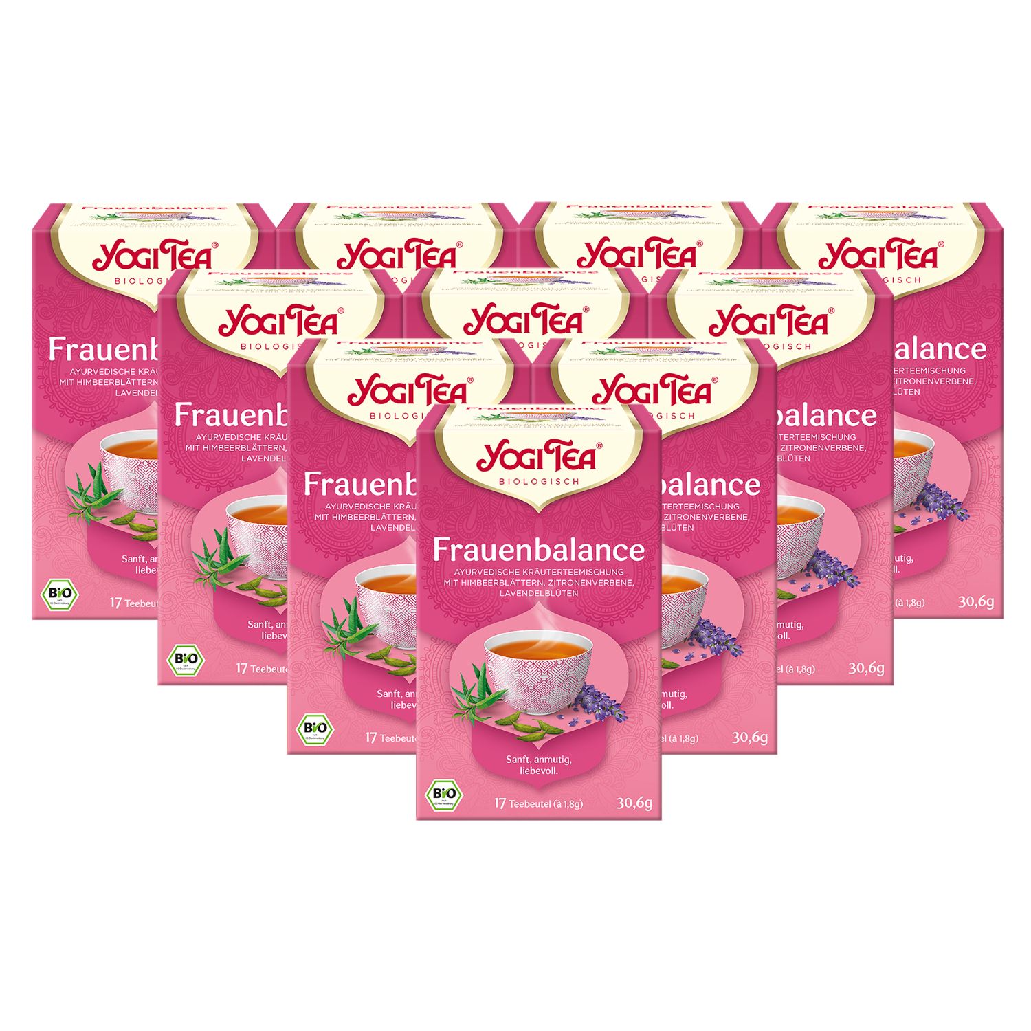 Mehrere Packungen Yogi Tea - Frauen Balance Bio Kräutertee. Rosa Verpackung, Logo, Text. Bio-Siegel. 12 Teebeutel.