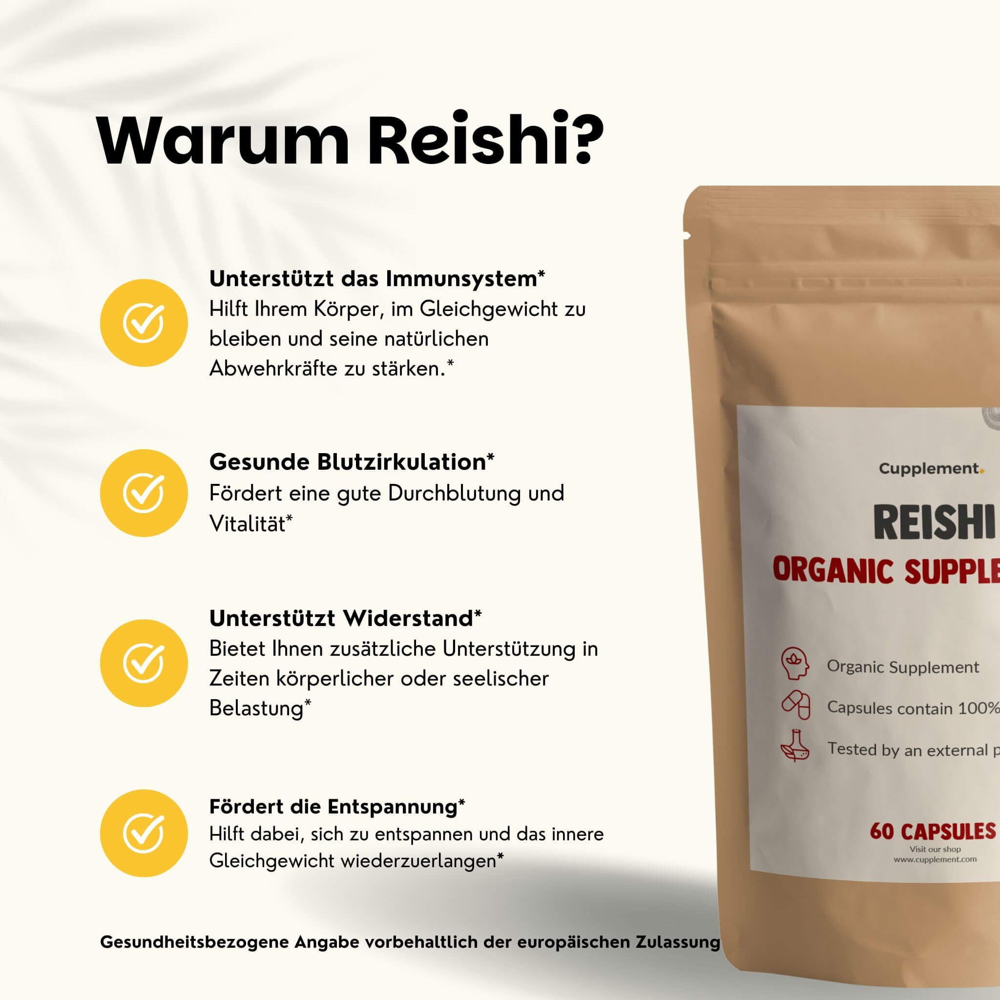 Beutel mit Reishi-Kapseln. Text: Unsere Reishi-Kapseln. Kraftpapierbeutel, vegane Kapseln, in den Niederlanden verpackt.