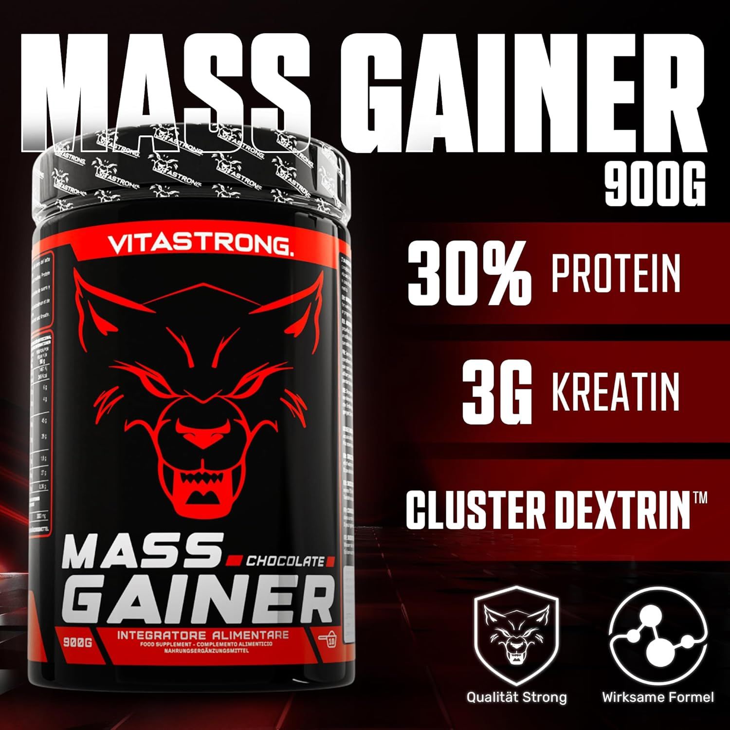 Vitastrong Mass Gainer-Behälter. Schwarzer Behälter mit rotem Etikett. Enthält 30% Protein, 3G Kreatin und Cluster Dextrin.