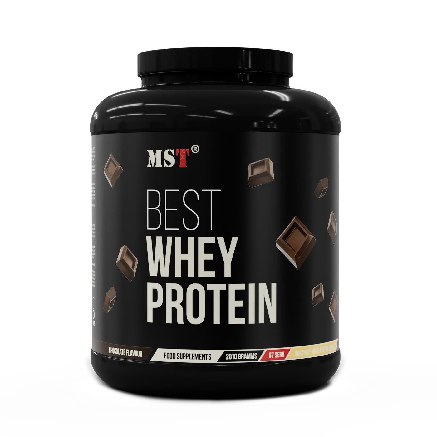 Schwarze Dose mit MST Best Whey Protein. Aufschrift: Best Whey Protein, Chocolate Flavour. 2010 Gramm, 67 Portionen.