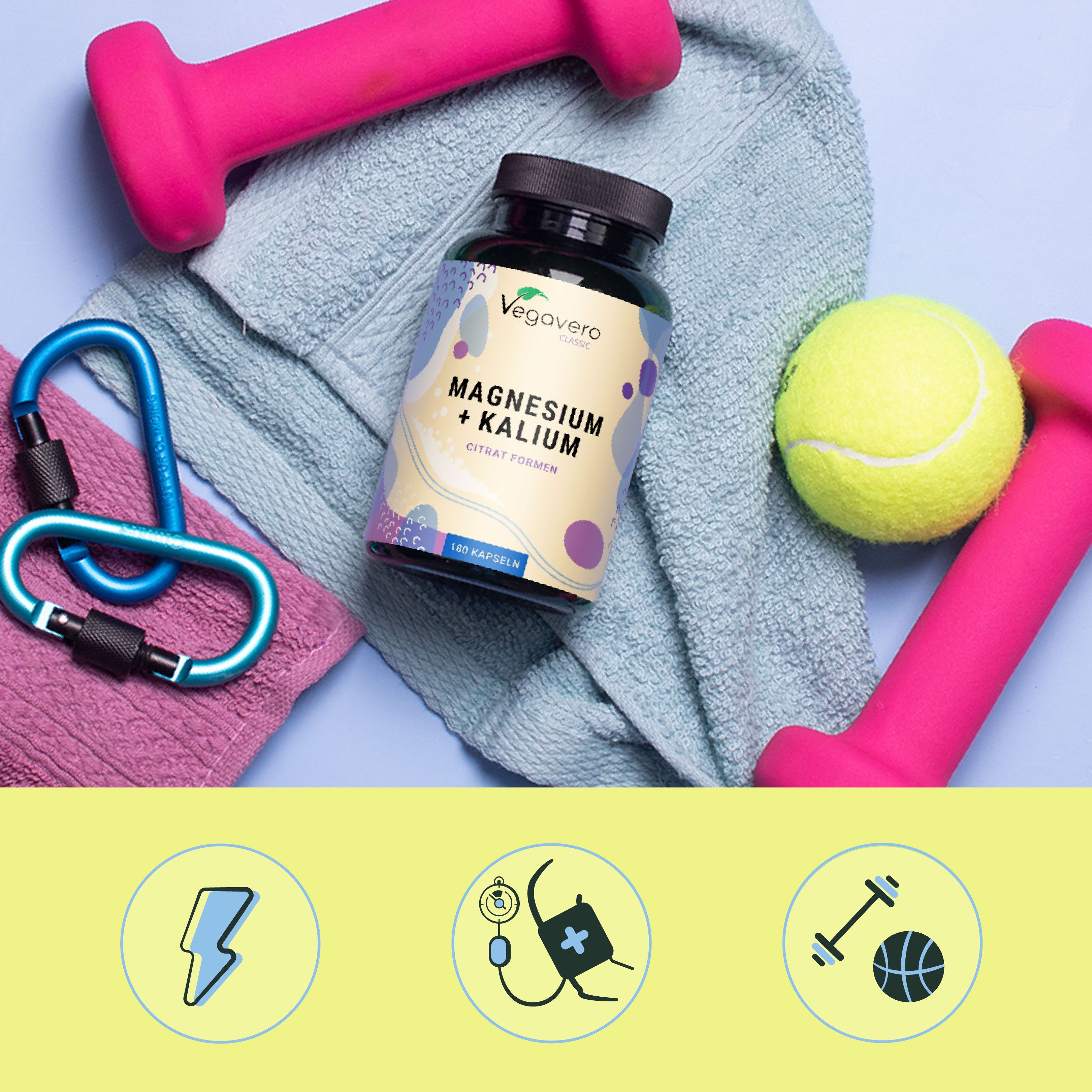 Flasche mit Magnesium + Kalium, umgeben von Sportgeräten: Hanteln, Handtuch, Karabiner, Tennisball. Icons: Energie, Blutdruck, Hanteln.