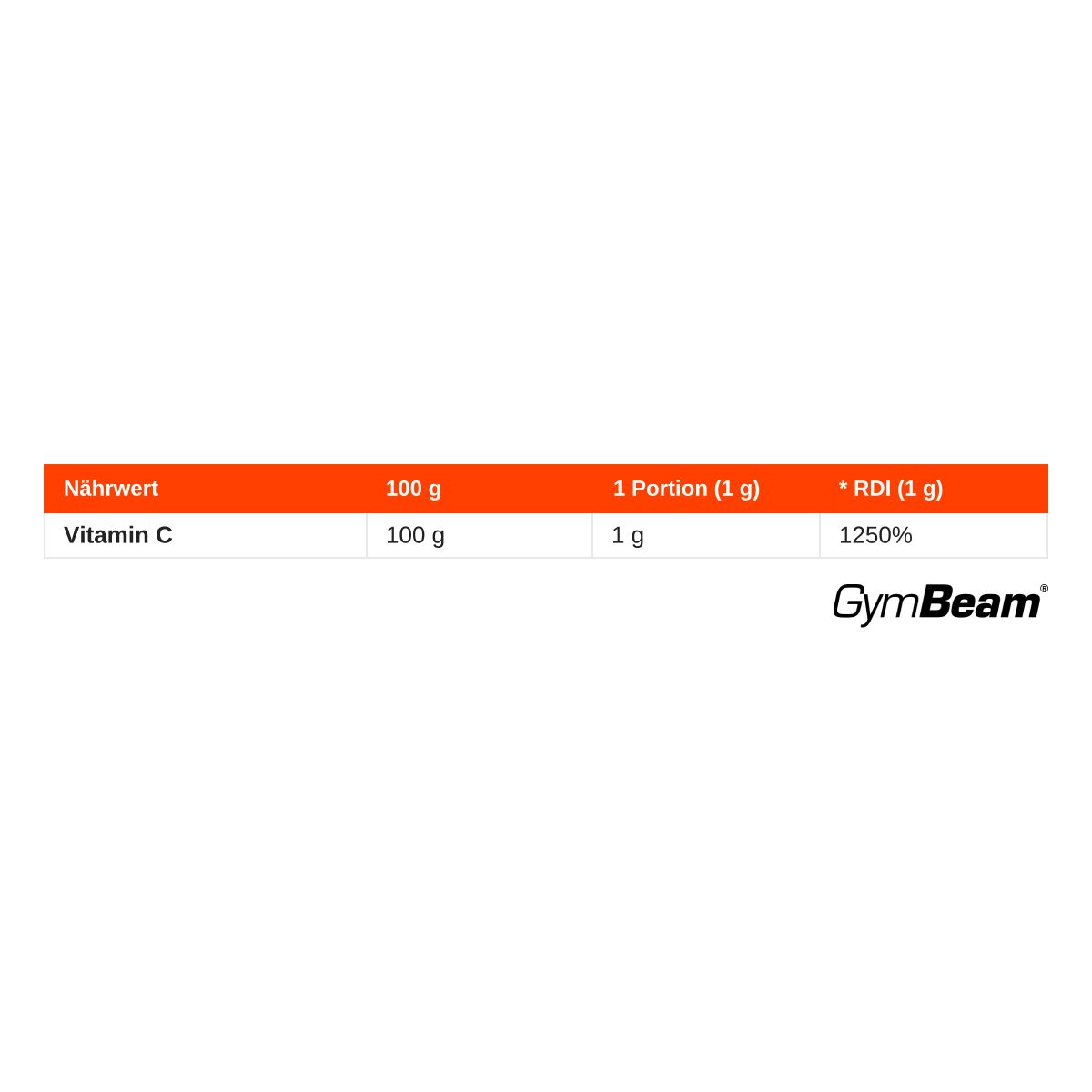 Nährwertangaben für GymBeam Vitamin C: 1 Portion (1g) enthält 1g Vitamin C (1250% RDI).