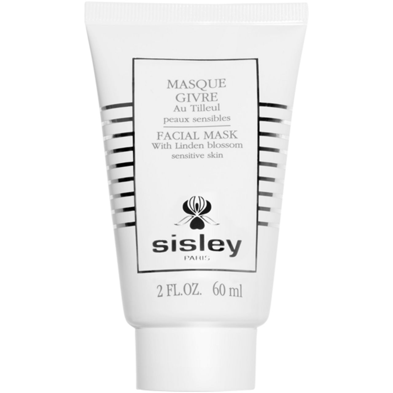 Weiße Tube mit schwarzer Schrift. Enthält Sisley Masque Givre au Tilleul. Text: Facial Mask with Linden blossom sensitive skin. 2 FL.OZ. 60 ml.