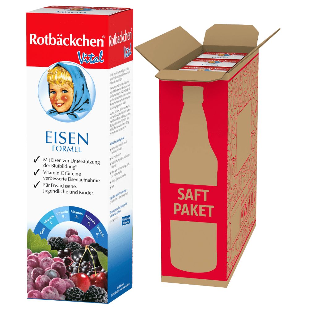 Rote Kartons mit Aufschrift Rotbäckchen Vital Eisen Formel. Geöffnete Verpackung mit Flaschen-Umriss.