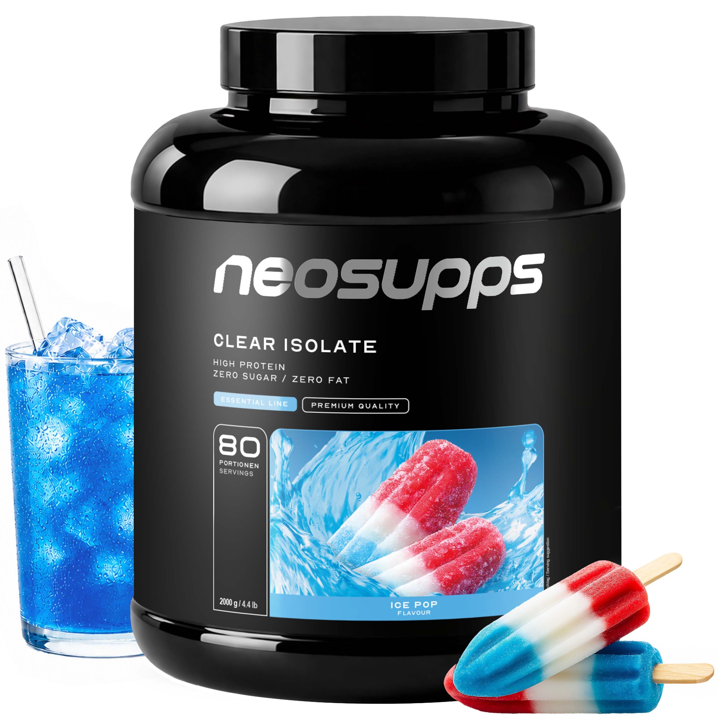 Schwarzer Behälter mit Neosupps Clear Isolate Protein Pulver, Eis am Stiel und blauem Getränk.