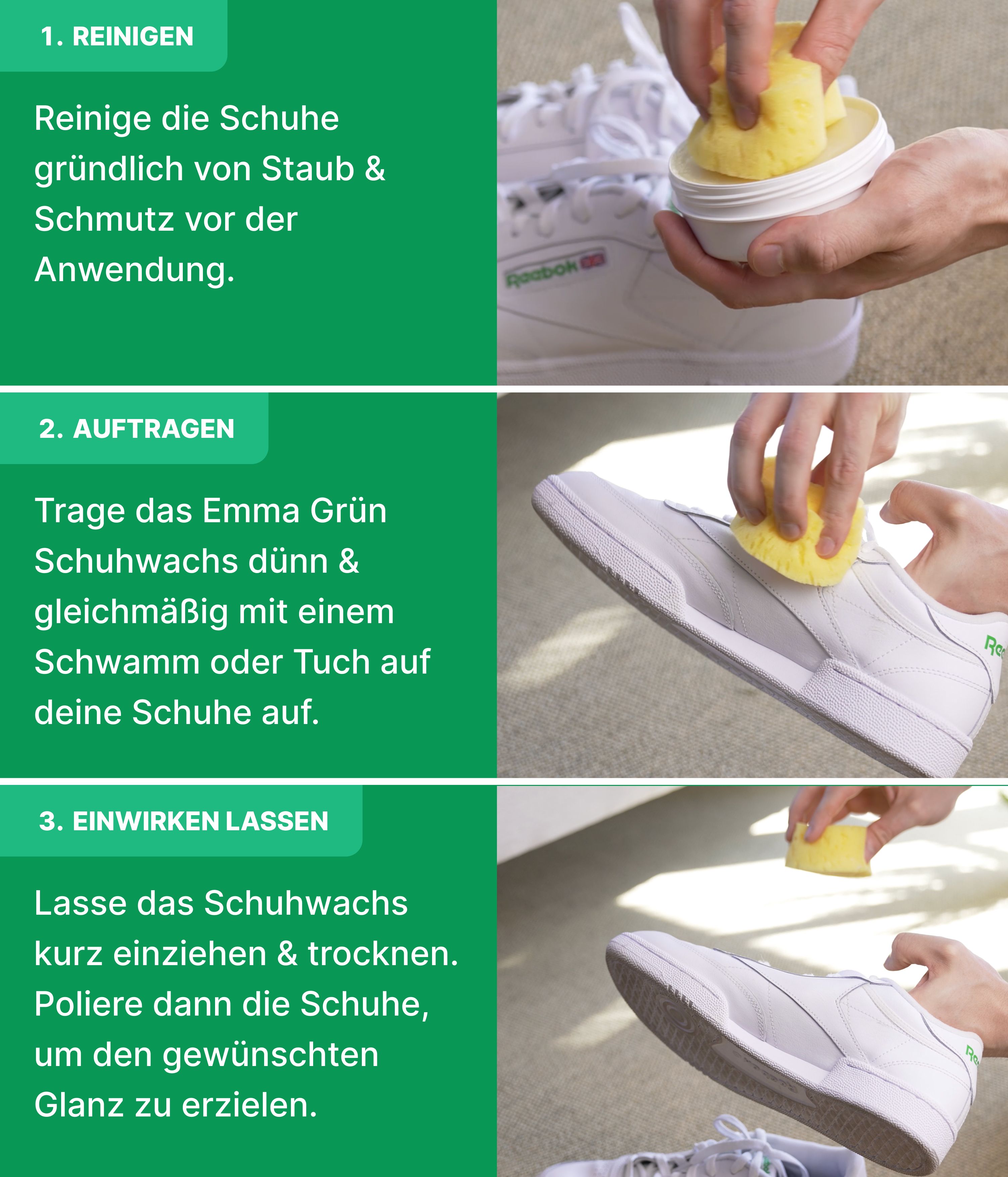 Anleitung: Reinigen, Auftragen, Einwirken lassen. Hände verwenden Schwamm und Dose Schuhwachs. Weiße Schuhe.
