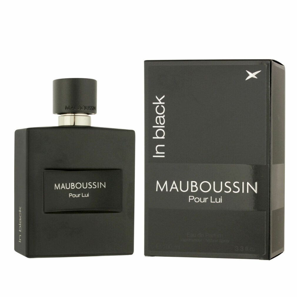 Schwarzer Flakon und Schachtel. Aufschrift: MAUBOUSSIN Pour Lui, In black. Schwarzer Deckel. Weiße Schrift.