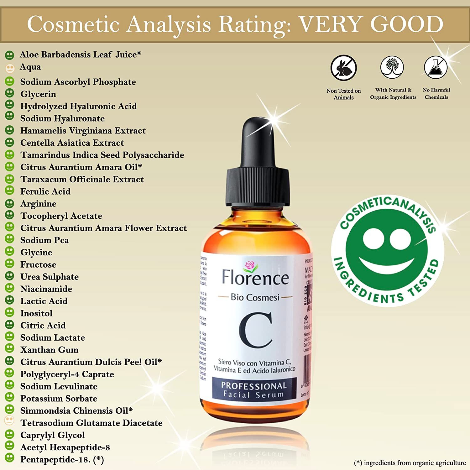 Flacone di vetro marrone con pipetta. Scritta: Florence Bio Cosmesi, C, Professional Facial Serum. Ingredienti.