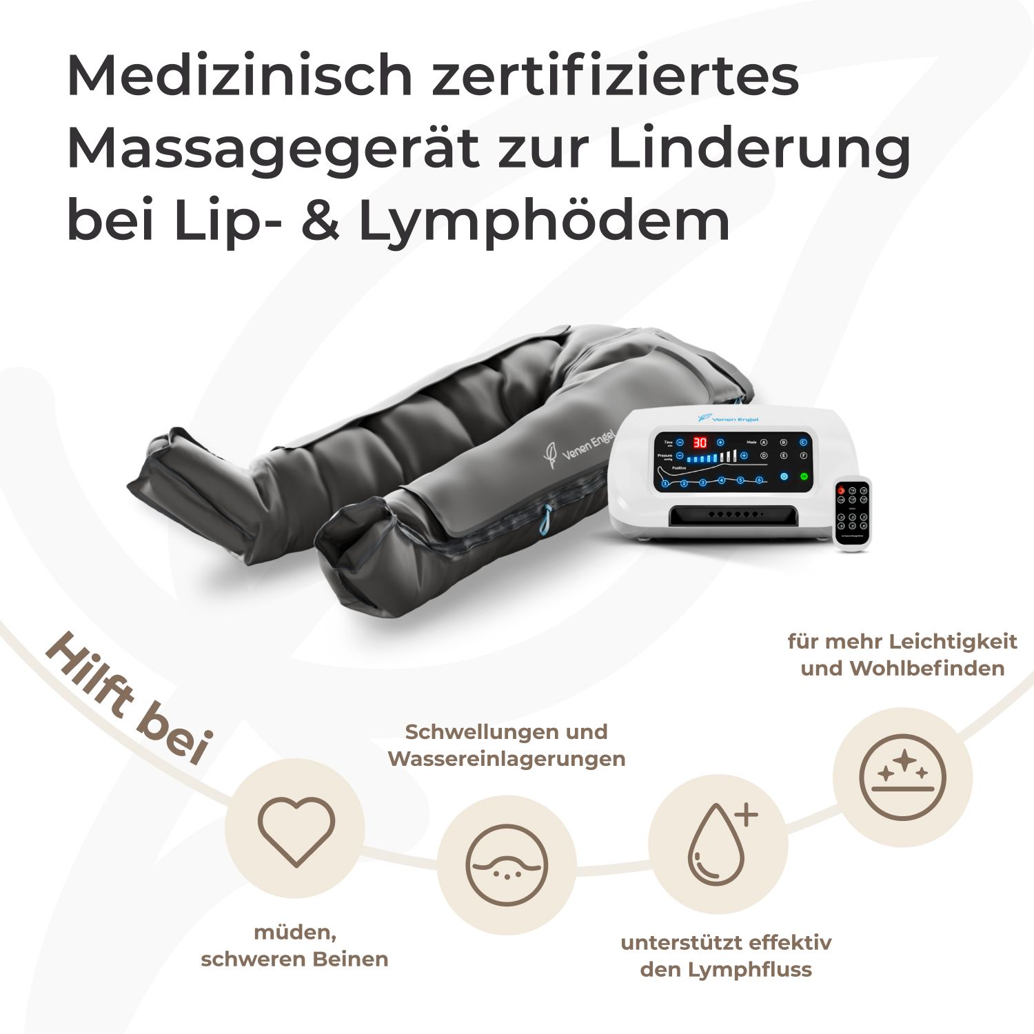 Venen Engel 6 Premium Kompressionshose mit Steuergerät, Fernbedienung und Anwendungshinweisen.