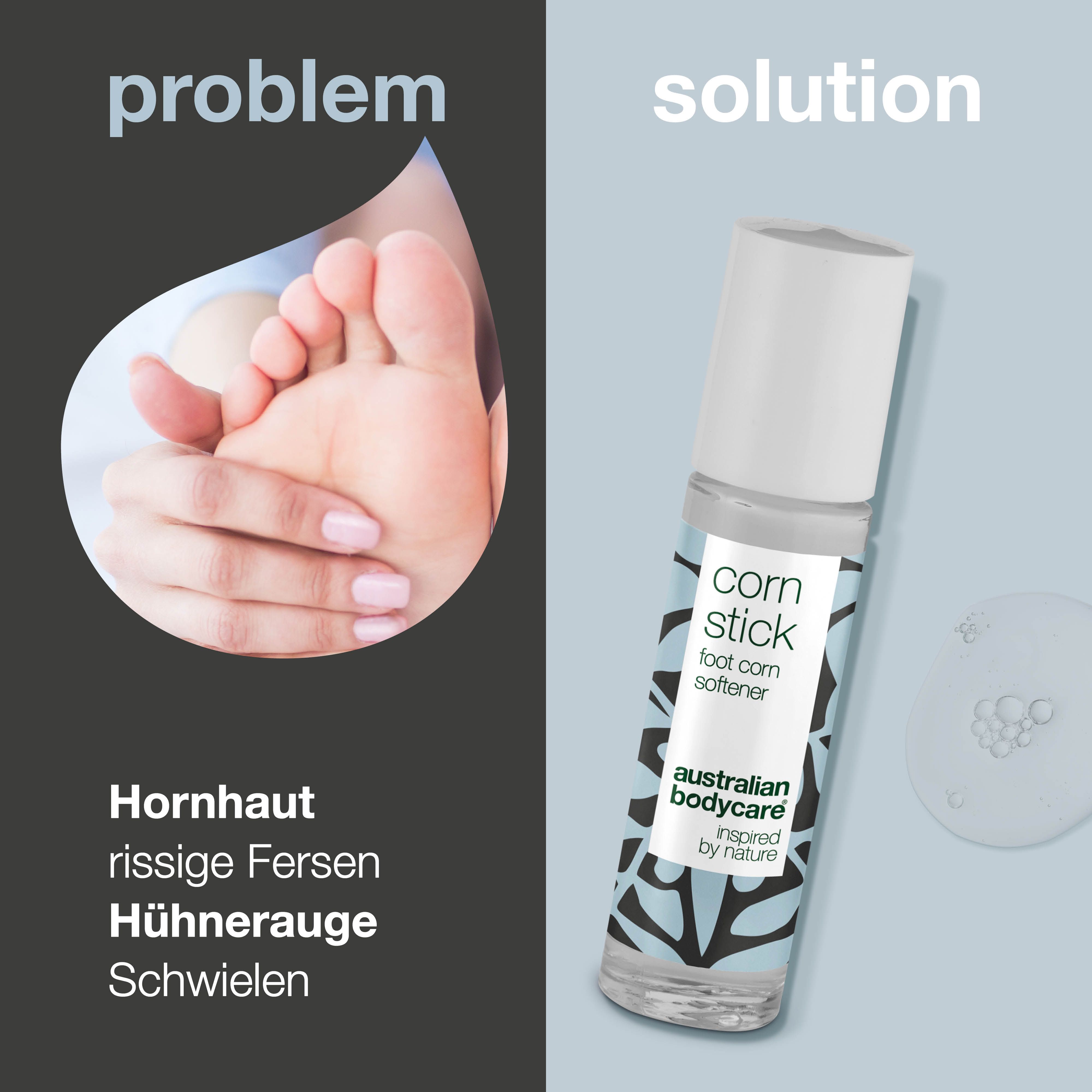 Fuß mit Roll-on-Applikator. Aufschrift: corn stick, foot corn softener, australian bodycare.