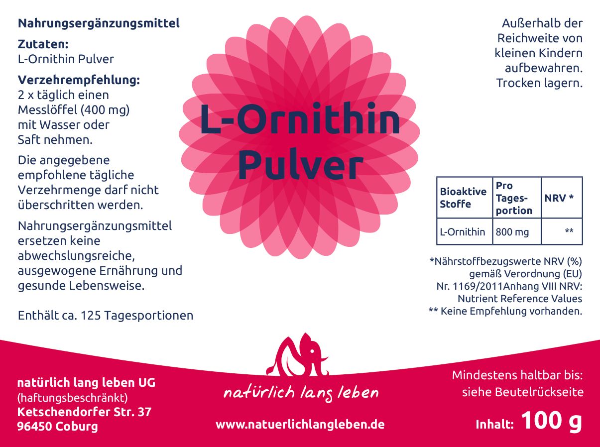 Rückseite eines Beutels mit Nährwertangaben und Produktinformationen für L-Ornithin Pulver.
