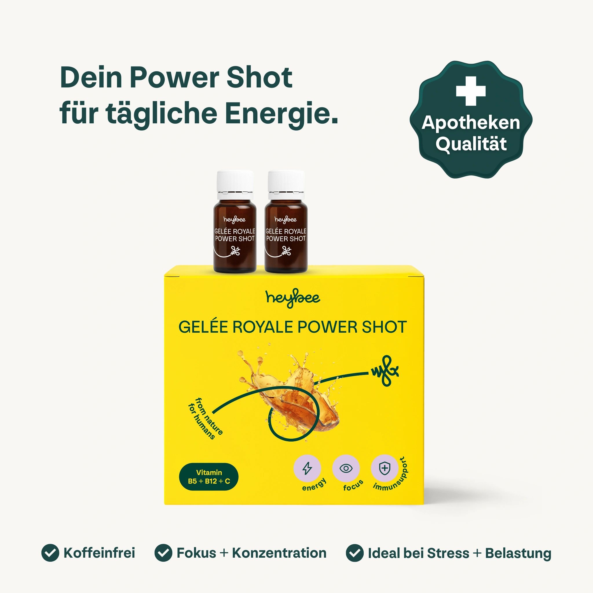 Gelée Royale Power Shot, zwei Fläschchen auf gelber Verpackung. Apotheken Qualität.
