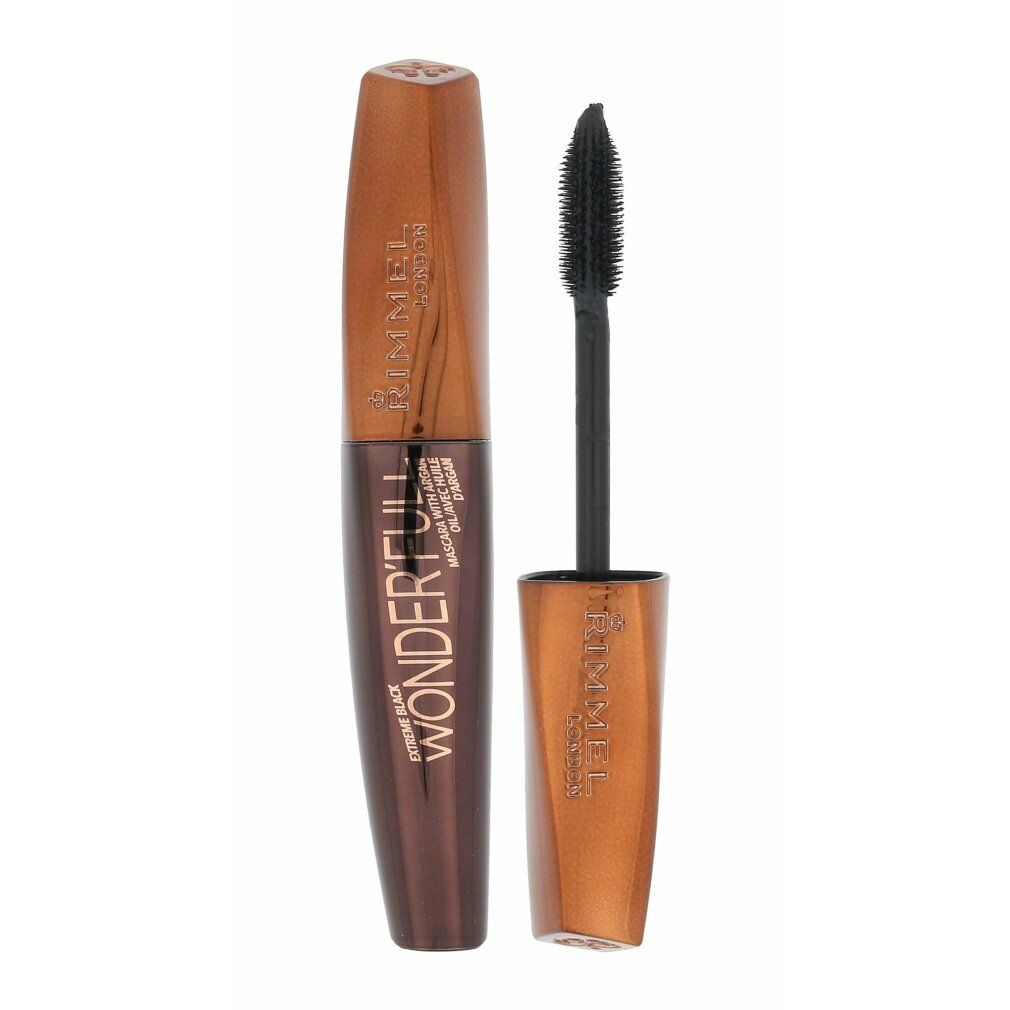 Mascara mit Bürste. Dunkelbraune Hülse mit goldfarbenem Deckel. Schriftzug: Rimmel Wonder'full Extreme Black.