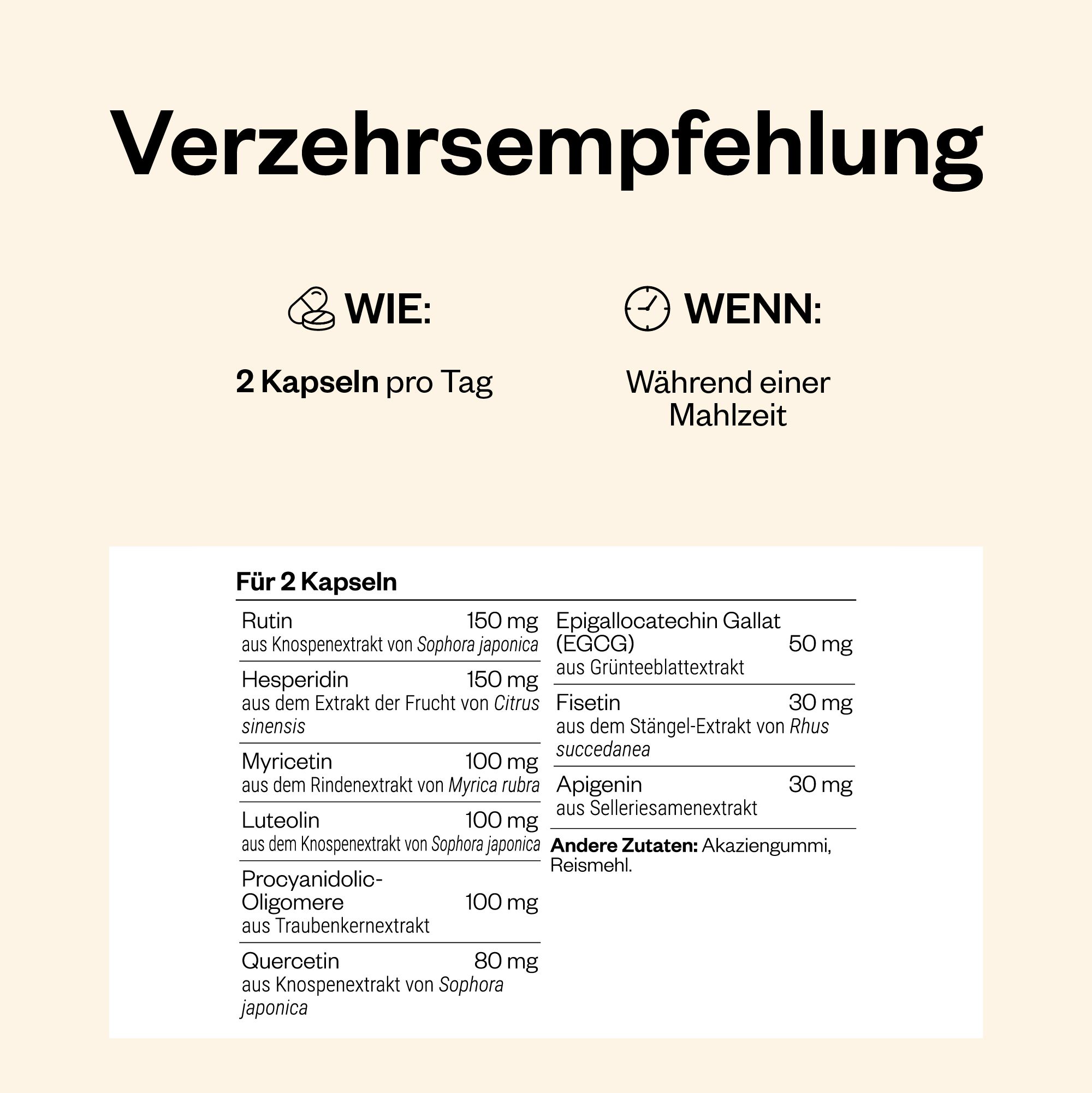 Verzehrempfehlung: 2 Kapseln pro Tag während einer Mahlzeit. Zutatenliste für 2 Kapseln. Text und Logos.