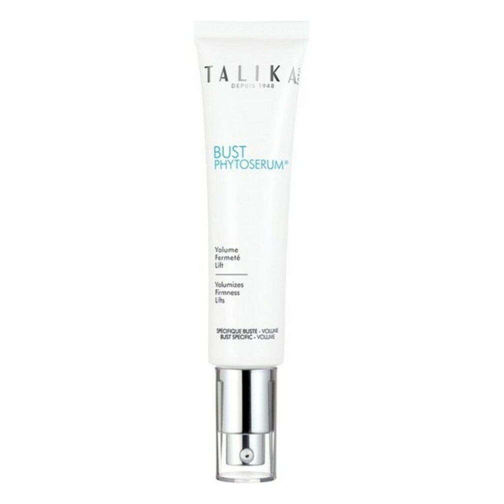 Weißer Tubenbehälter mit silberfarbenem Verschluss. Aufschrift: BUST PHYTOSERUM, Volume, Fermeté, Lift. Marke: TALIKA.