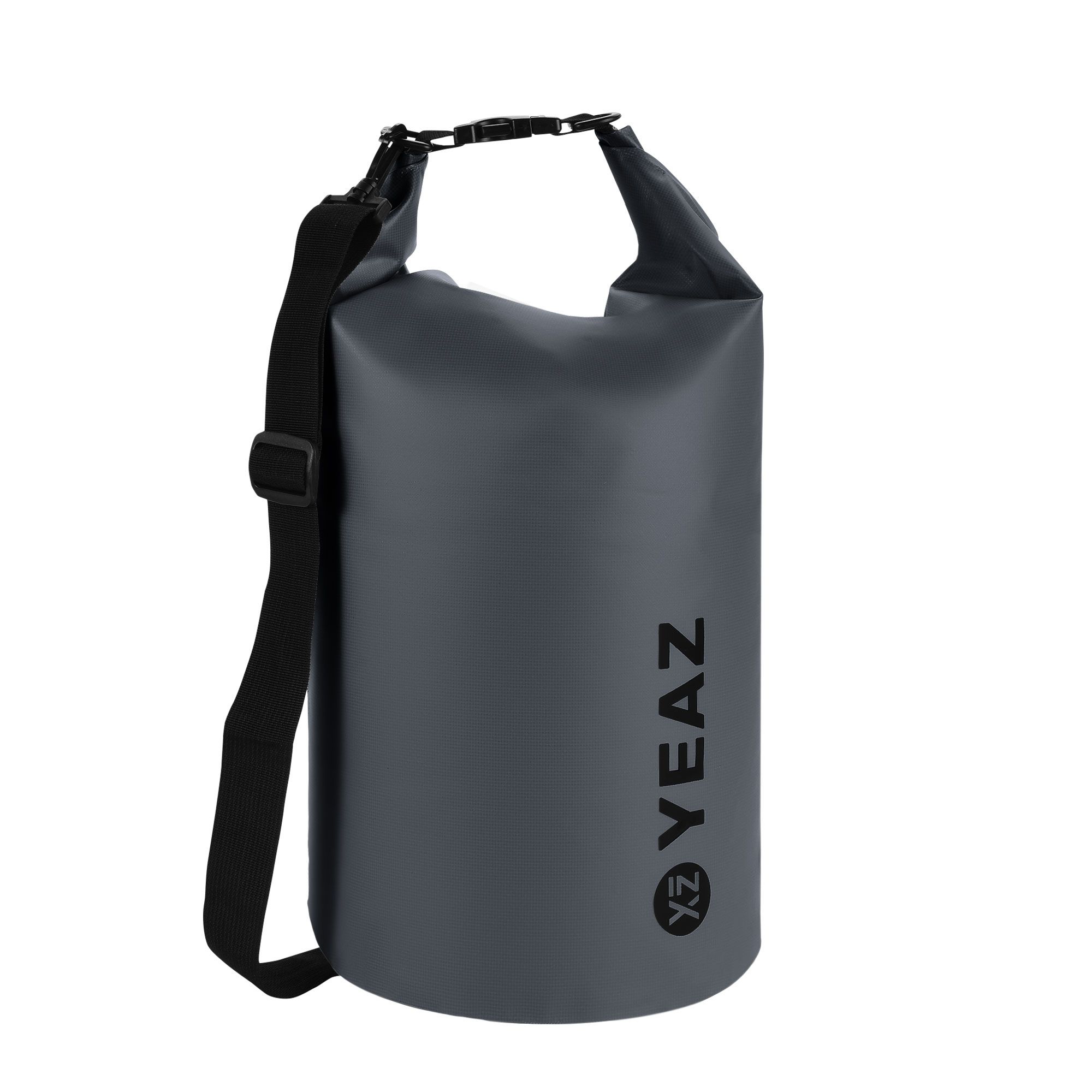 Grauer Packsack mit Schultergurt. Schwarzer Verschluss und Logo "YEAZ".