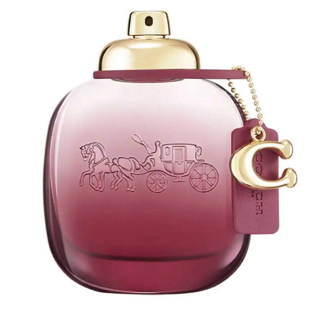 Coach Wild Rose Eau de Parfum Flakon mit Pferdekutschen-Prägung und C-Anhänger.