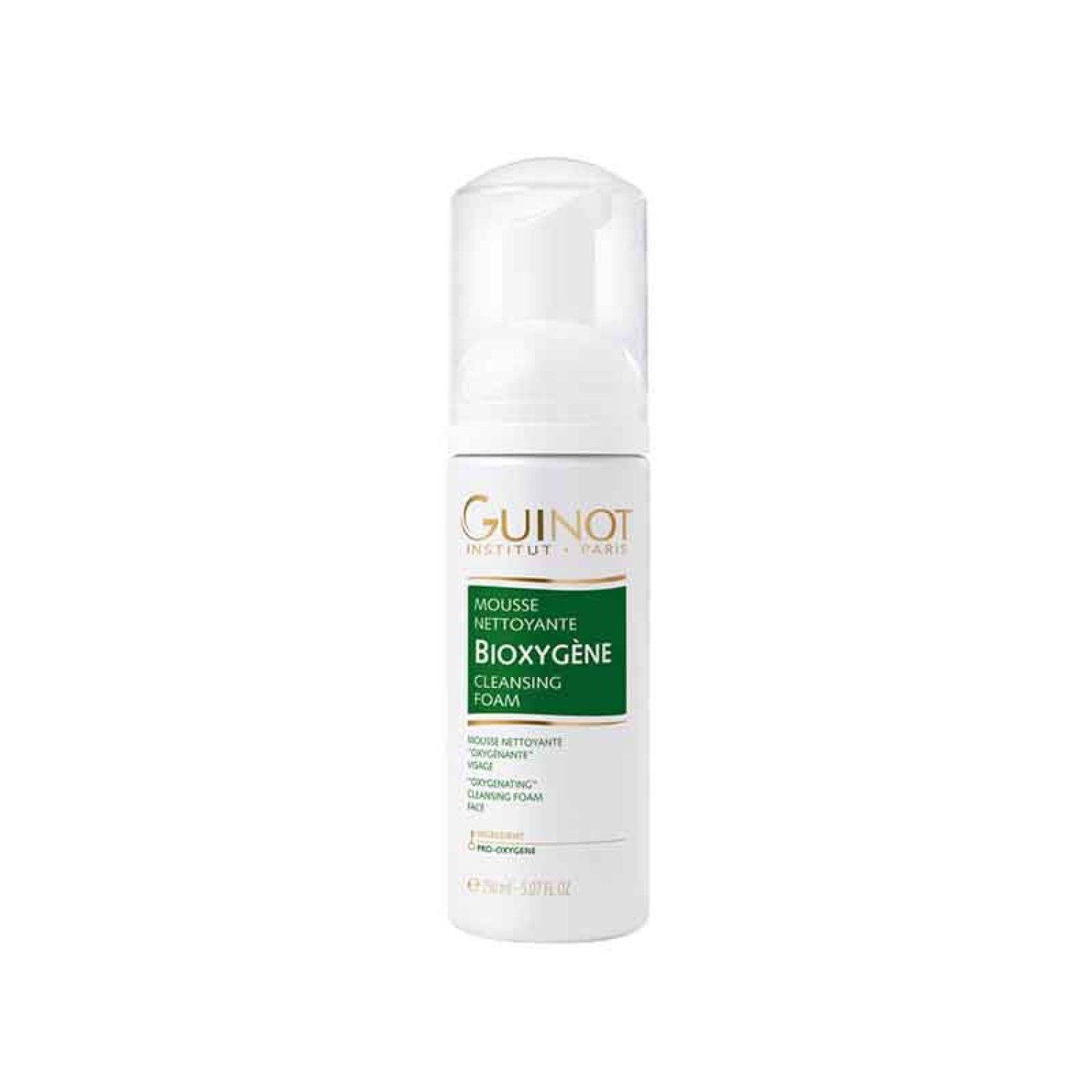 Weißes Fläschchen mit Sprühkopf. Aufschrift: Guinot, Mousse Nettoyante Bioxygène, Cleansing Foam. Grüne und weiße Etiketten.