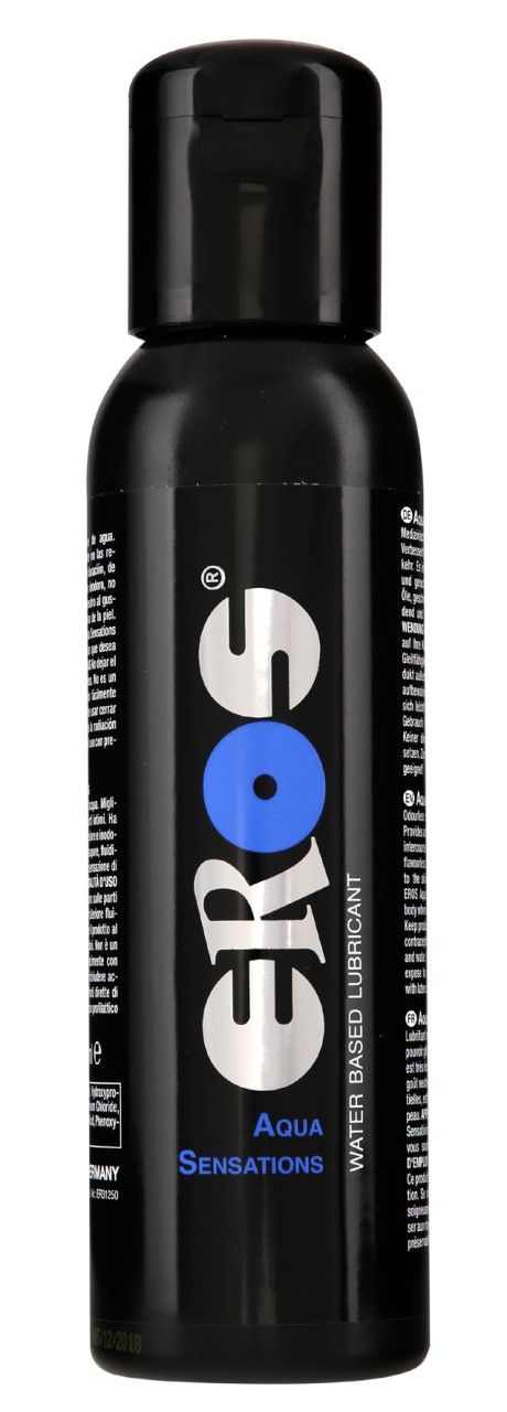 Eros Aqua Sensations Gleitgel auf Wasserbasis in schwarzer Flasche mit Klappdeckel.