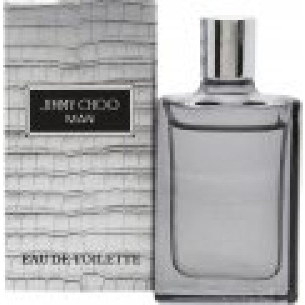 Jimmy Choo Man Eau De Toilette Flakon und Verpackung. Flakon rechteckig, silberner Verschluss. Verpackung mit Krokodilmuster und Logo.