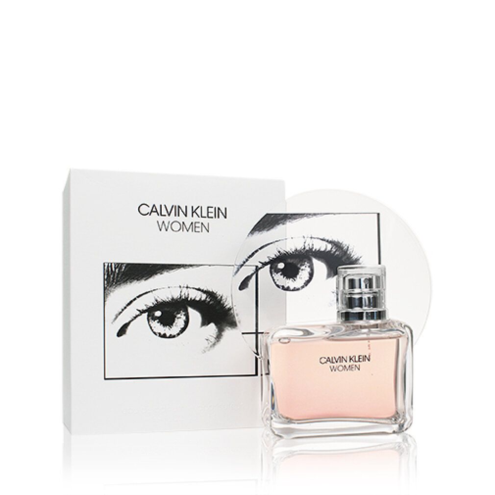 Glasflakon und Schachtel. Aufschrift: CALVIN KLEIN WOMEN. Hintergrund: Auge-Illustration.