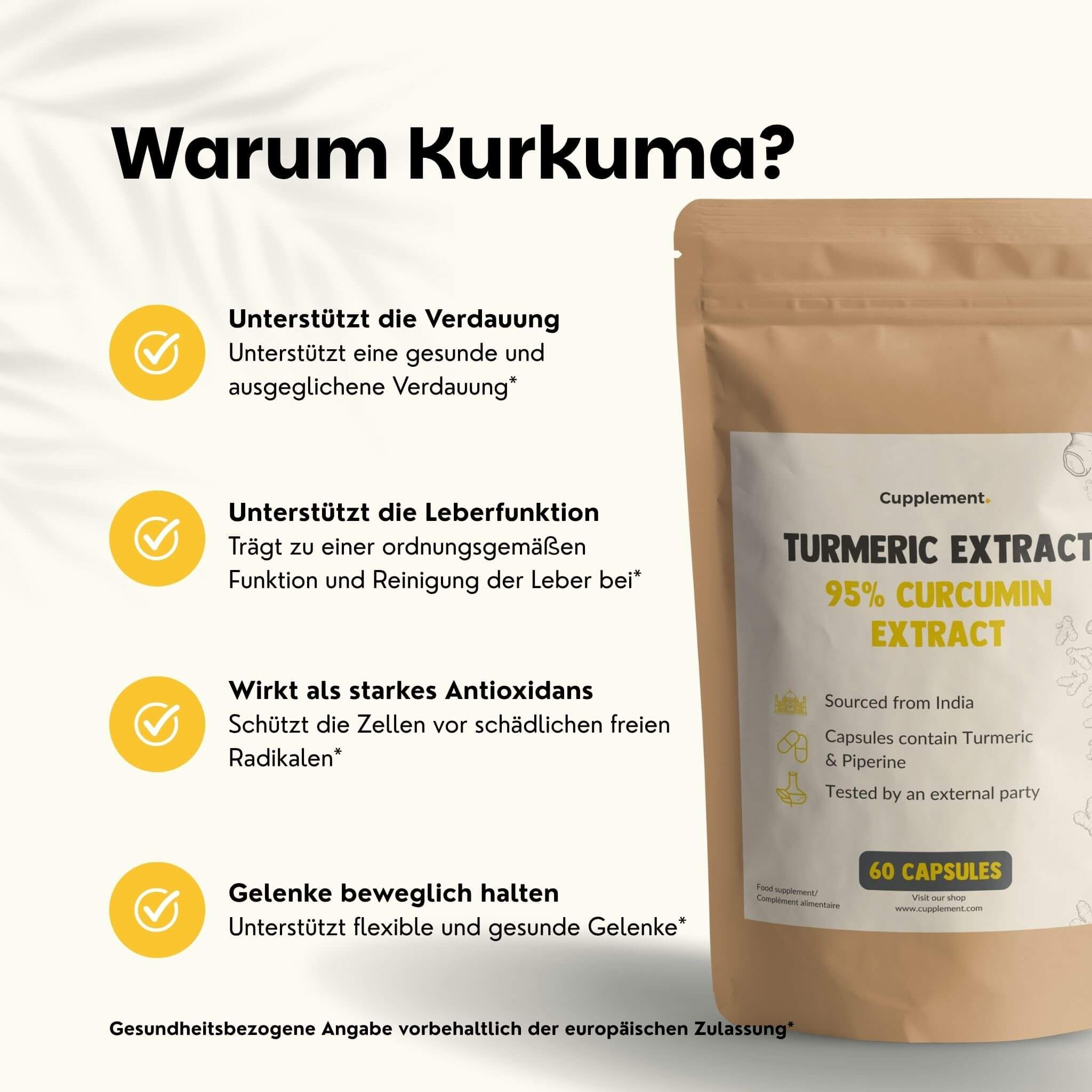 Beutel mit Kapseln. Text: Warum Kurkuma? Unterstützt Verdauung, Leberfunktion, wirkt antioxidativ, hält Gelenke beweglich.