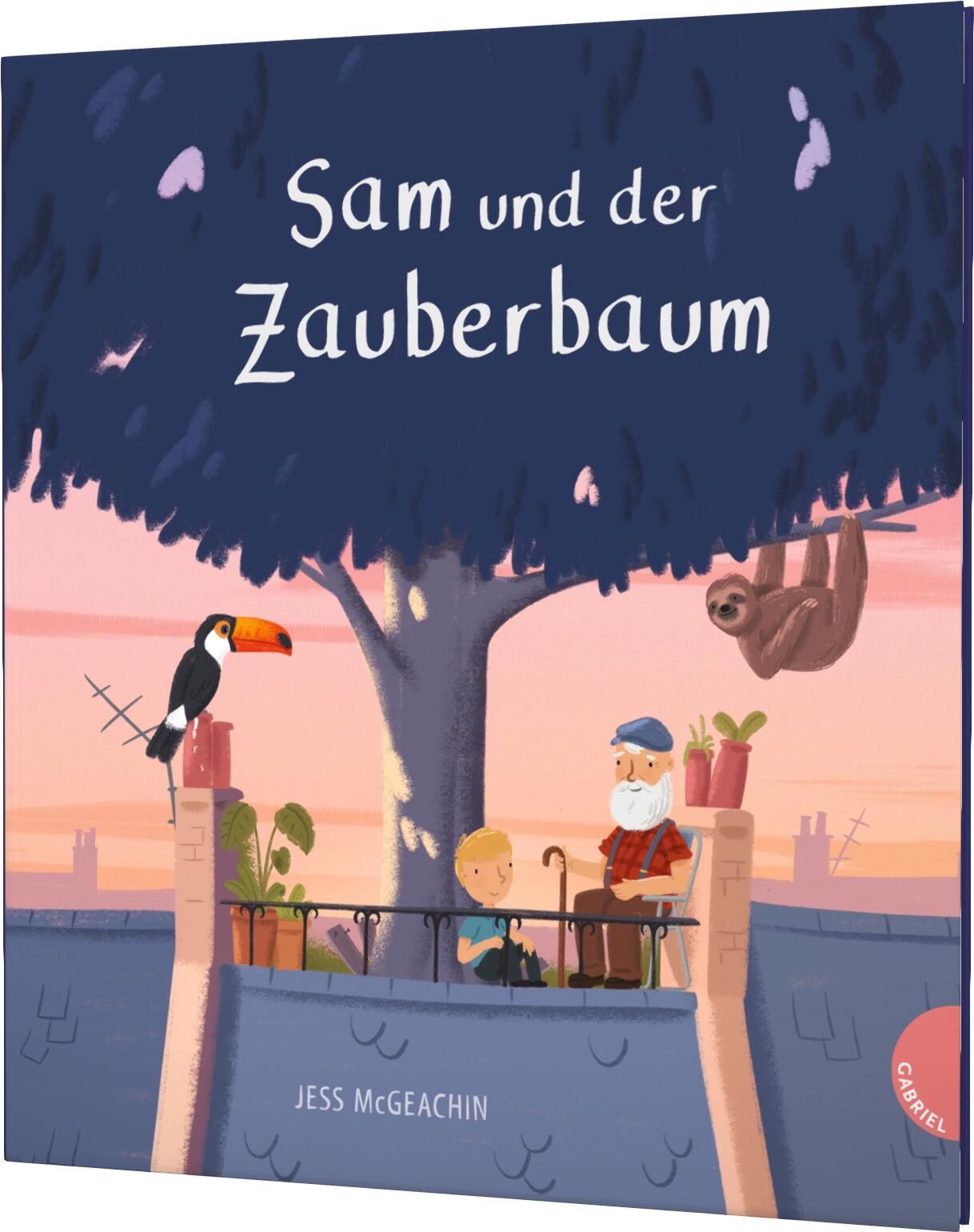 Buchcover mit Titel "Sam und der Zauberbaum". Illustration: Baum, Vogel, Faultier, Mann, Kind. Verlag "Gabriel".