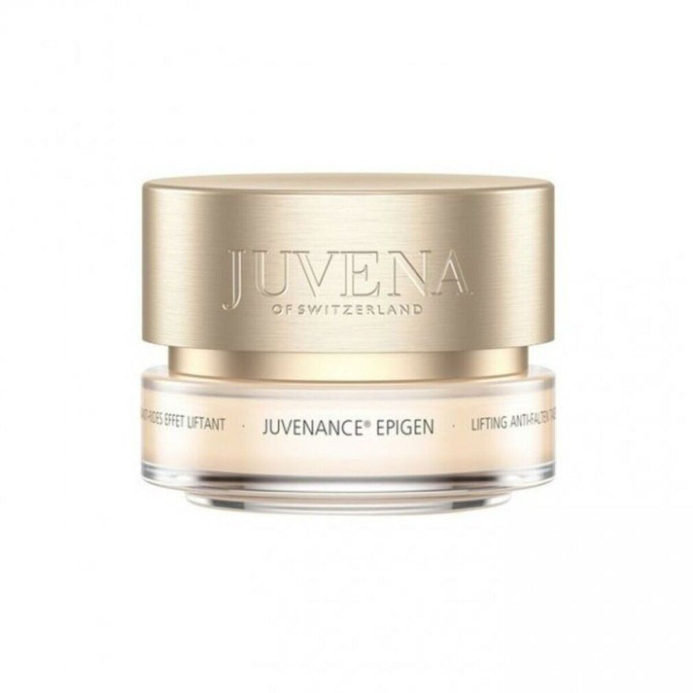 Creme-Tiegel mit goldfarbenem Deckel. Aufschrift: Juvena, Juvenance Epigen. Glasbehälter mit cremiger Substanz.