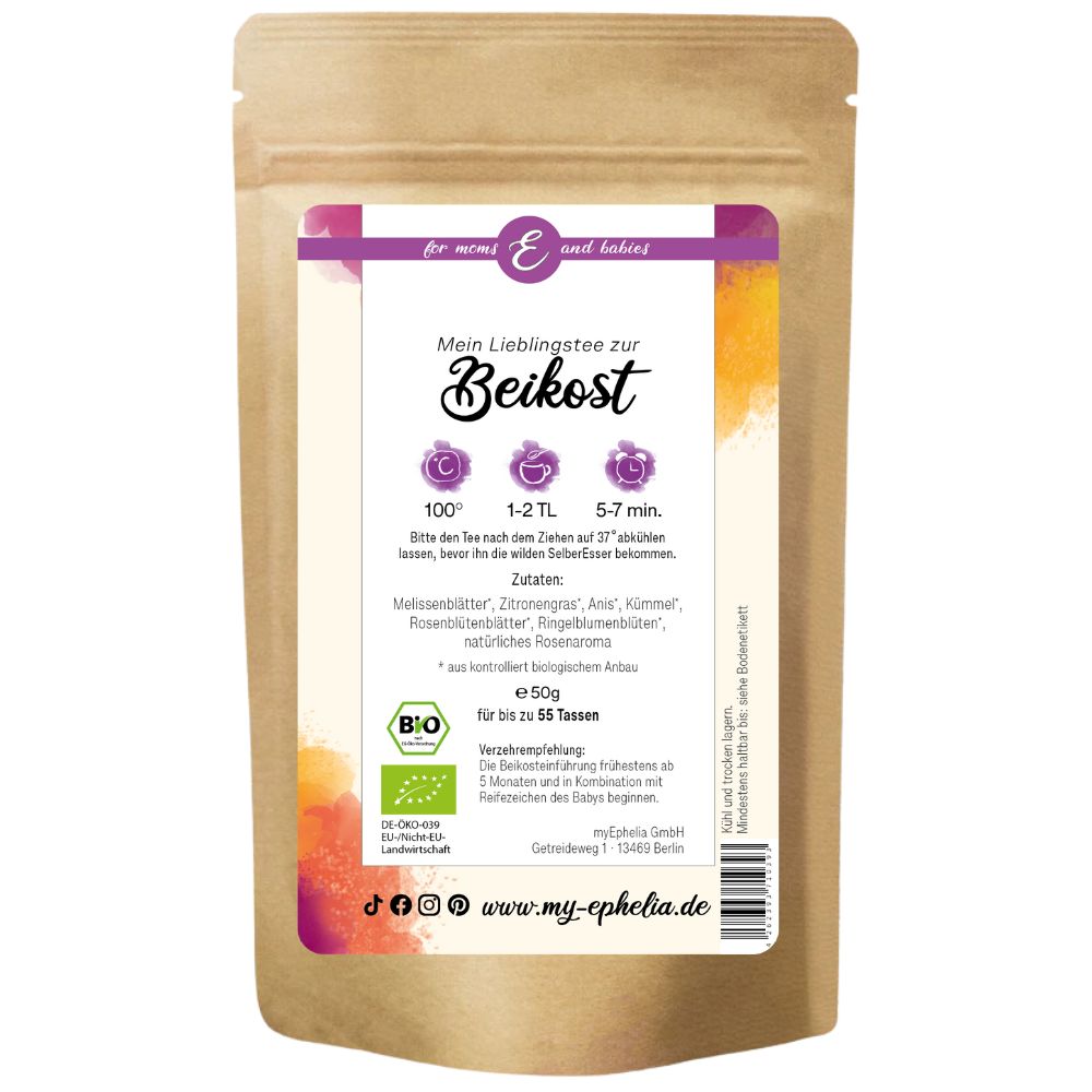 Braune Teebeutel-Verpackung mit Aufdruck. Enthält Tee für Beikost. Bio-Zertifizierung.