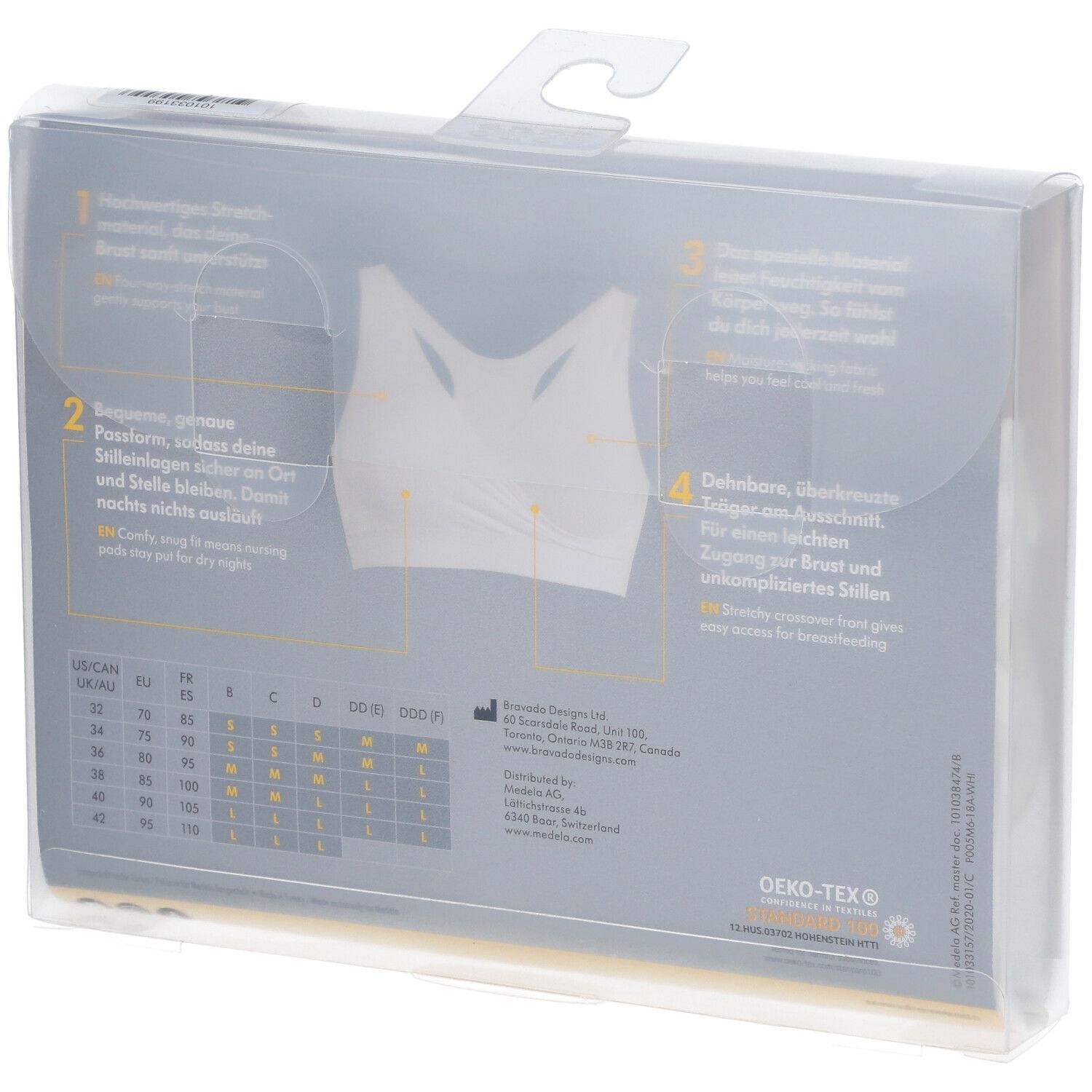Rückseite der Verpackung mit Produktinformationen und Größenangaben. Text: Hoher Tragekomfort, einfache Handhabung, nahtlos.