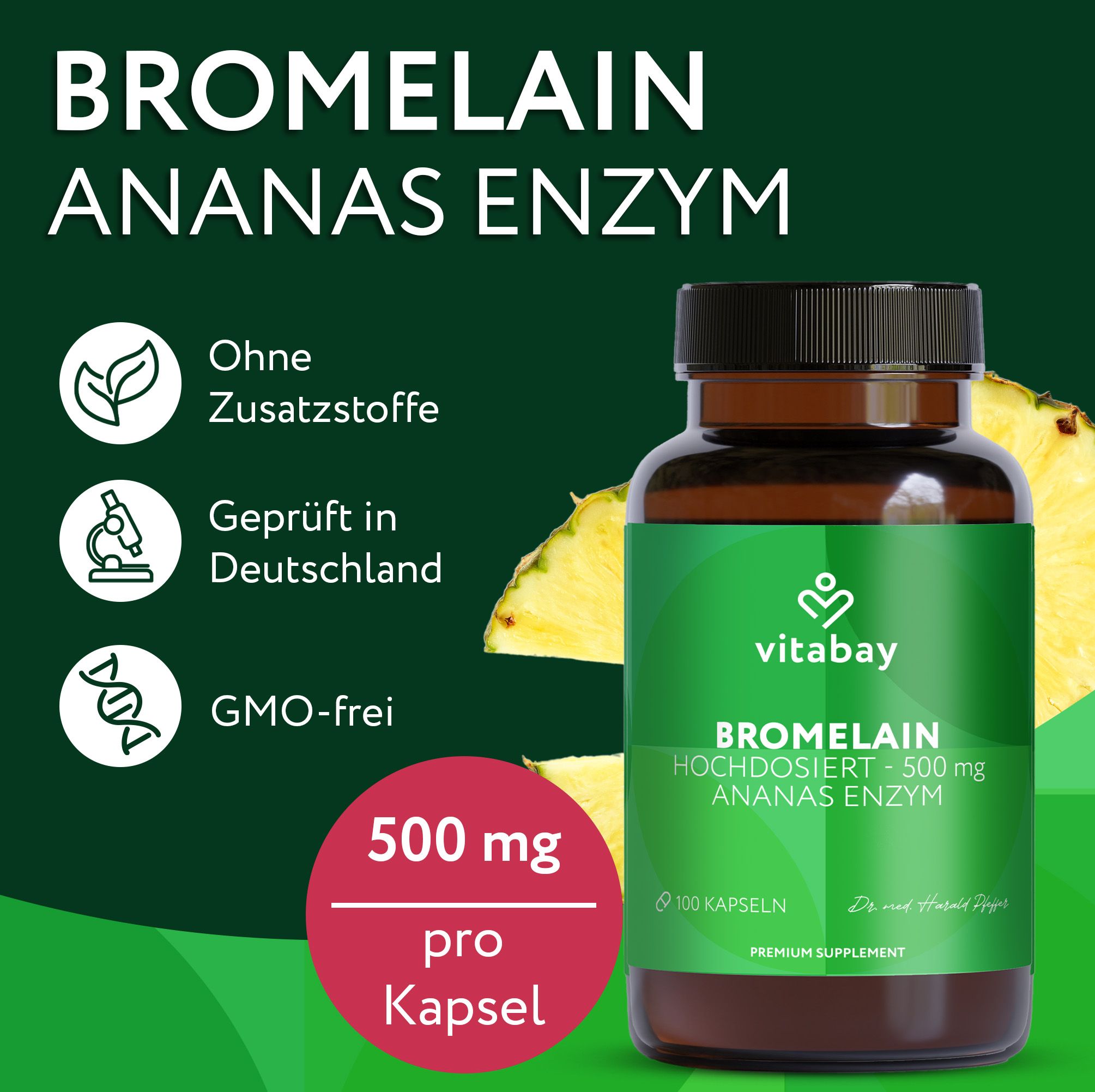 Braune Flasche mit grüner Etikett: Bromelain 500mg, 100 Kapseln. Vitabay Logo. Text: GMO-frei, geprüft in Deutschland.