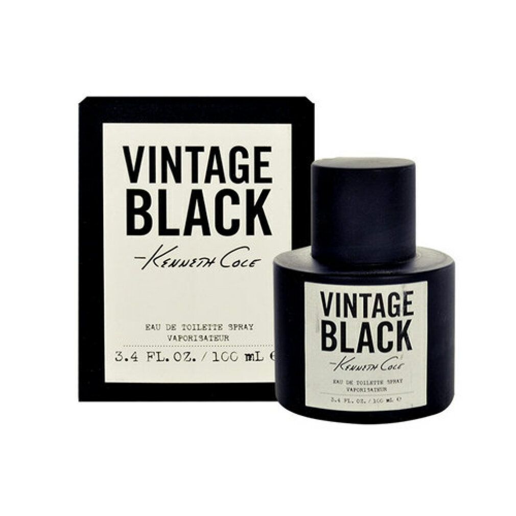 Schwarzer Flakon und Karton. Aufschrift: VINTAGE BLACK -Kenneth Cole-. Eau de Toilette Spray. 3.4 FL. OZ. / 100 ml. Flakon und Karton nebeneinander.