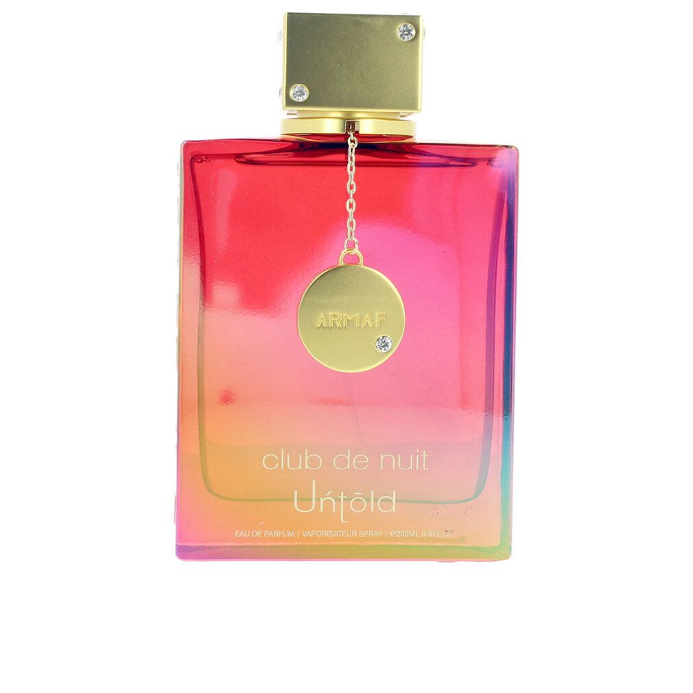 Flasche mit goldfarbenem Verschluss und Anhänger. Aufschrift: Club de Nuit Untold. Farbverlauf von Rot nach Gelb.