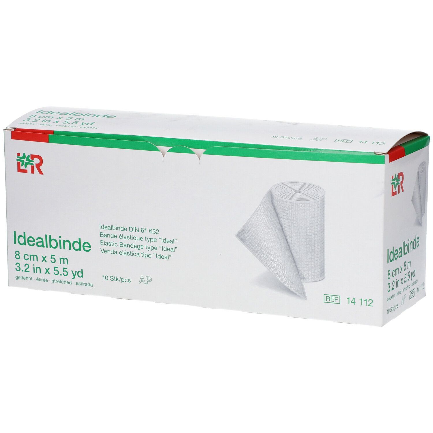Verbandpäckchen Idealbinde, 8 cm x 5 m. Weiße elastische Binde, teilweise abgerollt. Verpackung mit Logo und Produktangaben.