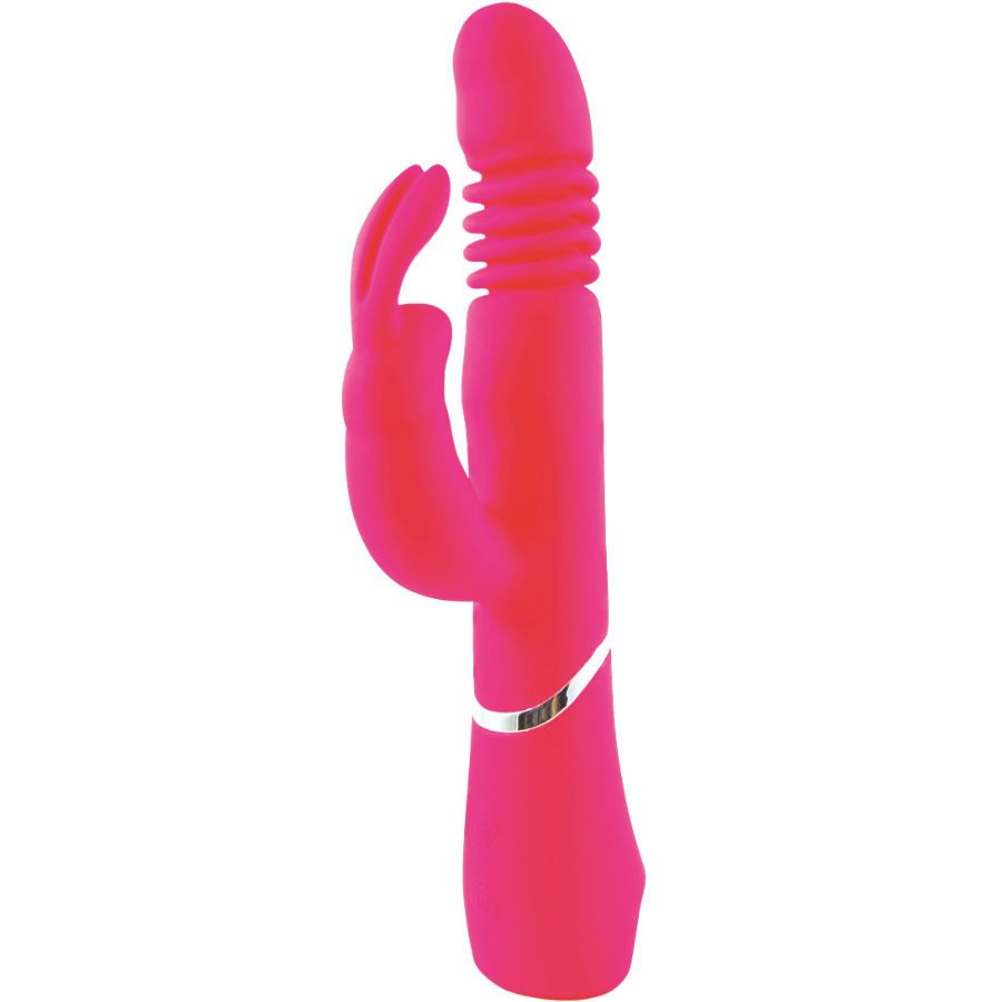 Rosa Vibrator mit geriffelter Spitze und Hasenohren-Design. Silberfarbener Akzent am Griff.