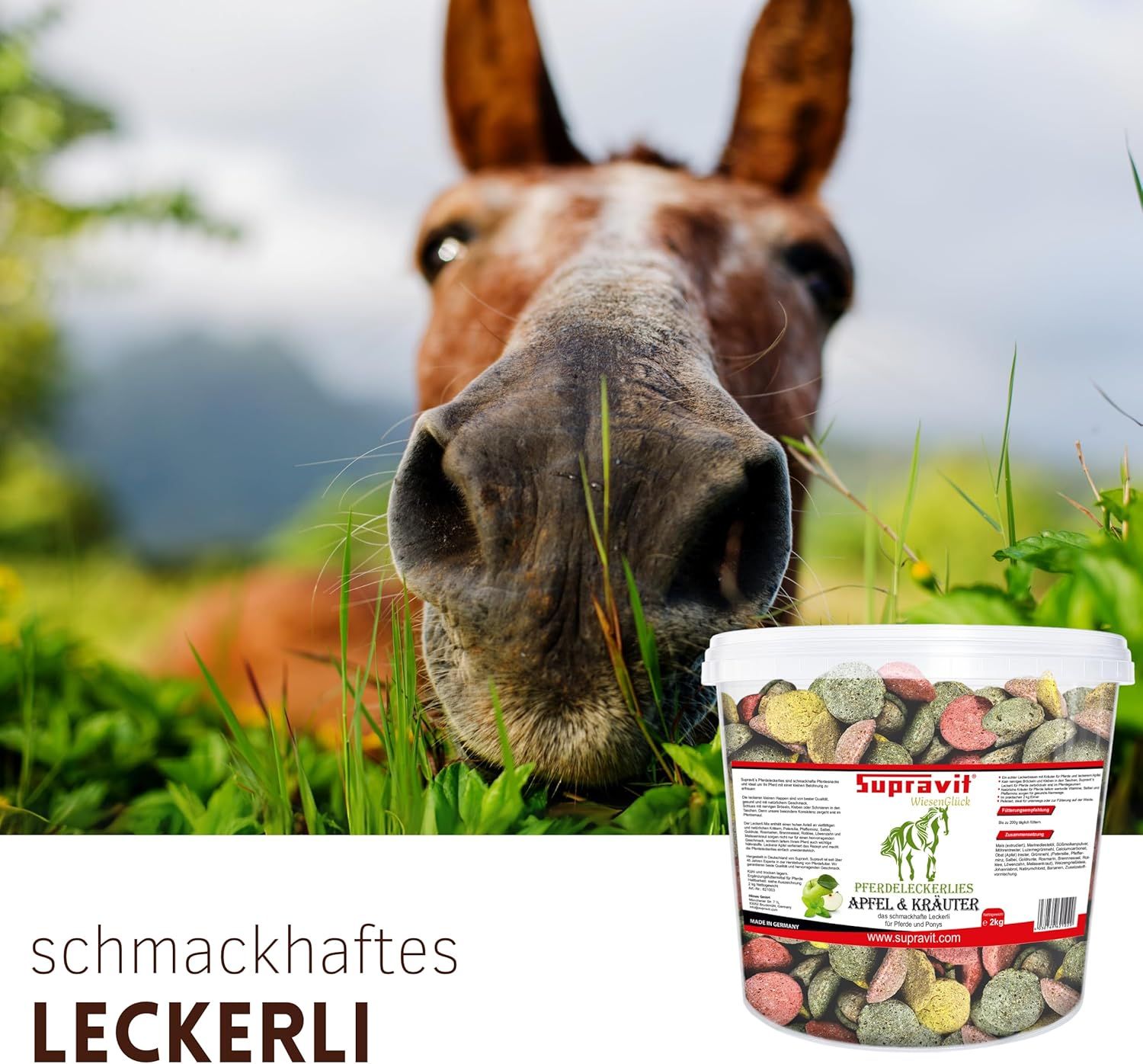 Nahaufnahme eines Pferdekopfes. Rechts ein Eimer mit Leckerlis. Text: Supravit, Apfel & Kräuter.