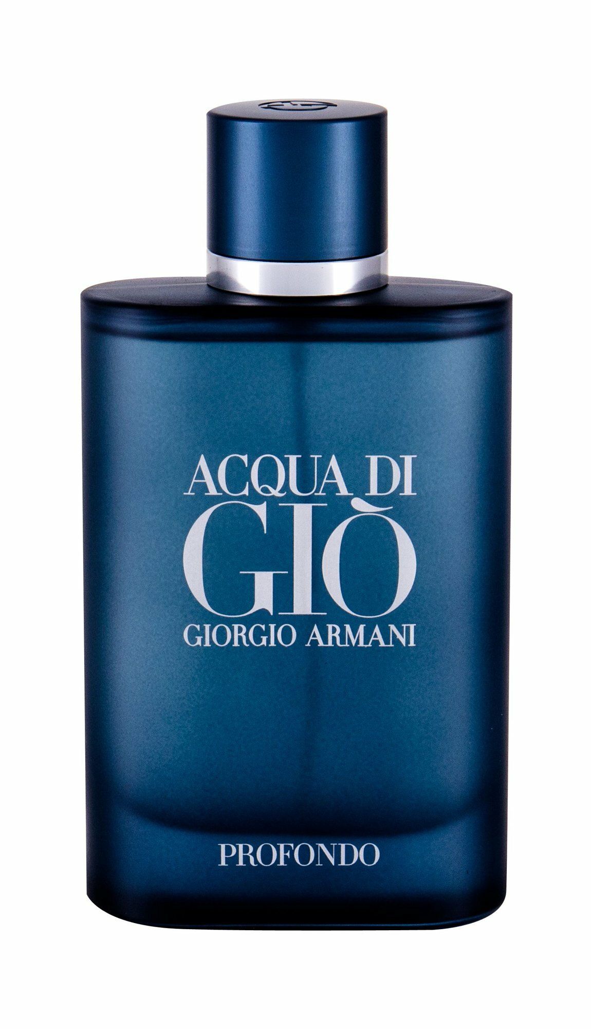 Blaues Parfümflakon mit silberner Kappe. Aufschrift: Acqua di Giò Giorgio Armani Profondo.