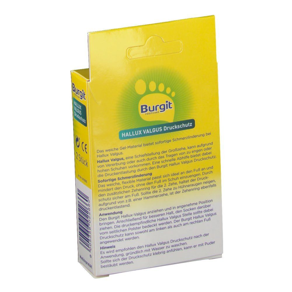 Verpackung von Burgit Hallux Valgus Druckschutz. Gelbe Schachtel mit Produktinformationen und Logo. 2 Stück.