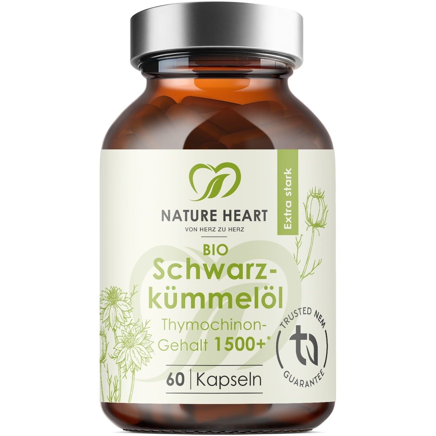 Braune Kapseln in einer braunen Glasflasche. Aufschrift: BIO Schwarzkümmelöl, 60 Kapseln. Siegel: Trusted Nem Guarantee.