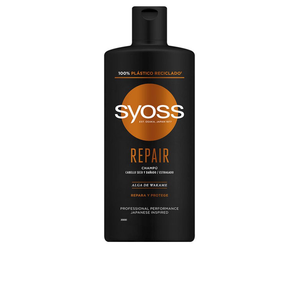 Schwarze Shampoo-Flasche mit SYOSS-Logo und „REPAIR“-Schriftzug. Text: „ALGA DE WAKAME“ und „REPARA Y PROTEGE“.