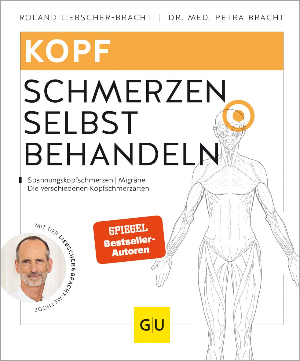 Buchcover mit Titel: Kopfschmerzen selbst behandeln. Autoren: Roland Liebscher-Bracht, Dr. med. Petra Bracht. Mit Illustration eines menschlichen Körpers.