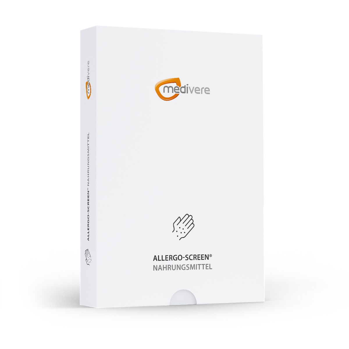 Weiße Box mit Logo und Schriftzug. Aufdruck: Allergo-Screen Nahrungsmittel. Hand-Symbol.