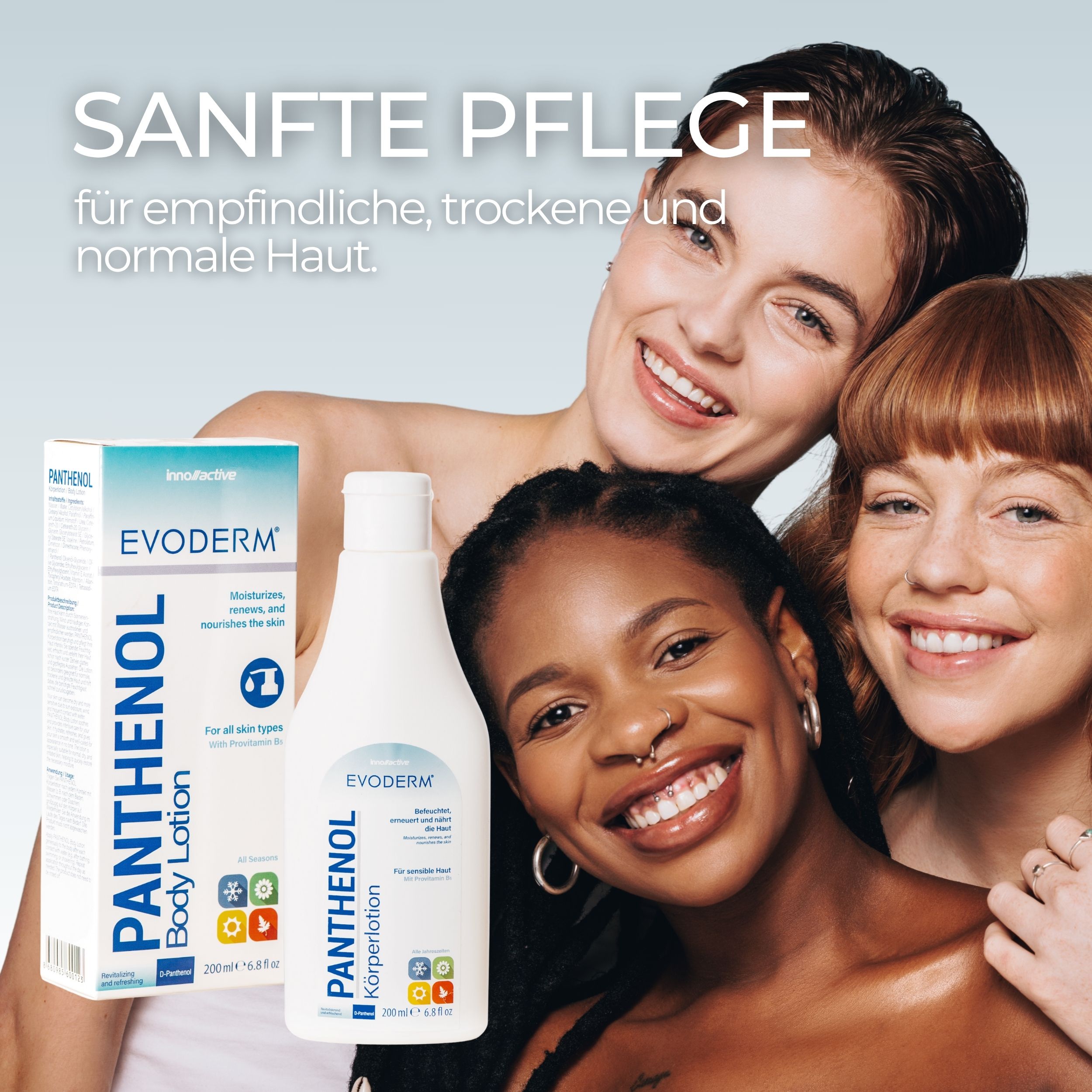 EVODERM Panthenol Körperlotion, Flasche und Verpackung. Drei lächelnde Frauen. Text: Sanfte Pflege für empfindliche, trockene und normale Haut.