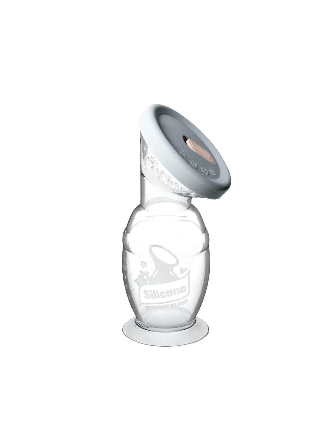 Transparente Silikon-Muttermilchpumpe mit grauem Deckel. Aufschrift: Silicone Breast Pump. Der Deckel hat einen rosa Verschluss.