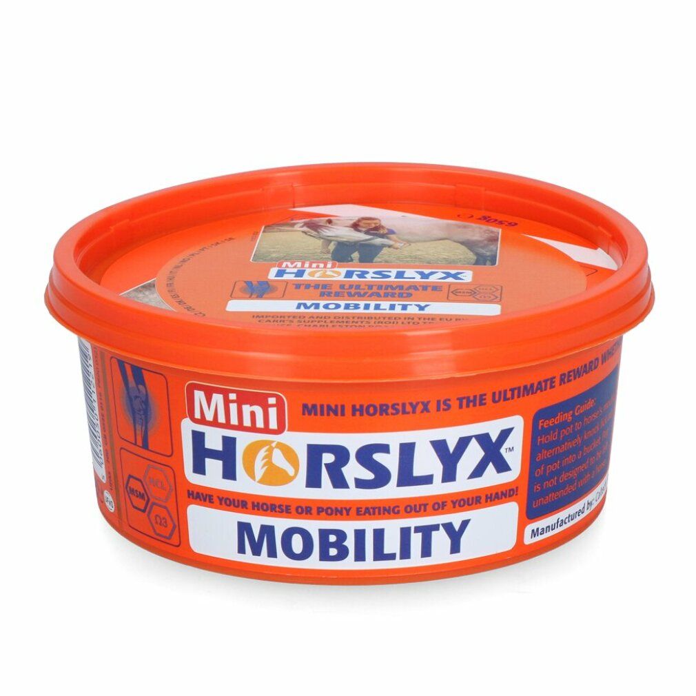 Orangefarbener, runder Behälter mit Deckel. Aufschrift "Mini Horslyx Mobility". Enthält Text und Logos. Weißer Hintergrund.