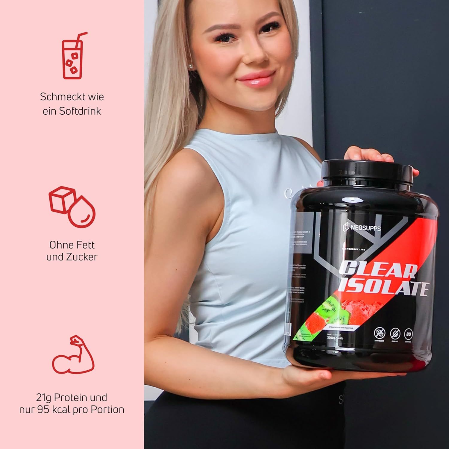 Frau hält eine schwarze Dose Clear Isolate. Aufschrift: Clear Isolate. Auf der Dose: 21g Protein, 95 kcal pro Portion.