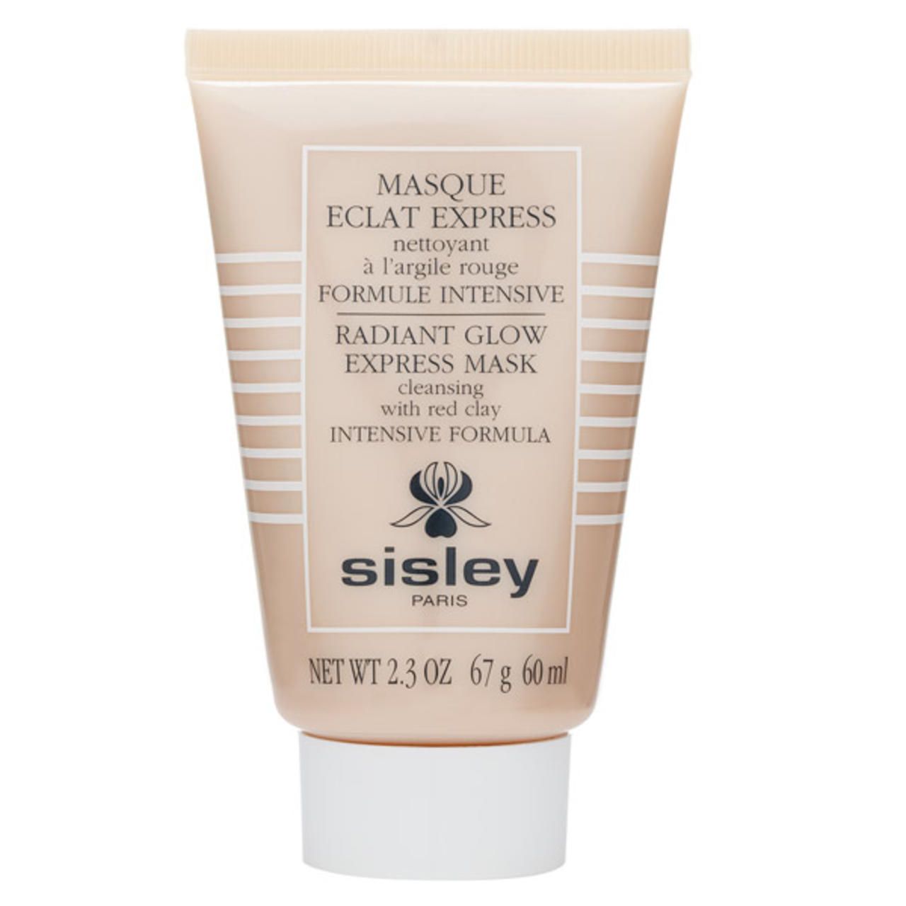 Sisley Masque Éclat Express Tube. Beige Tube mit weißem Deckel. Produktbezeichnung und Marke auf der Vorderseite.