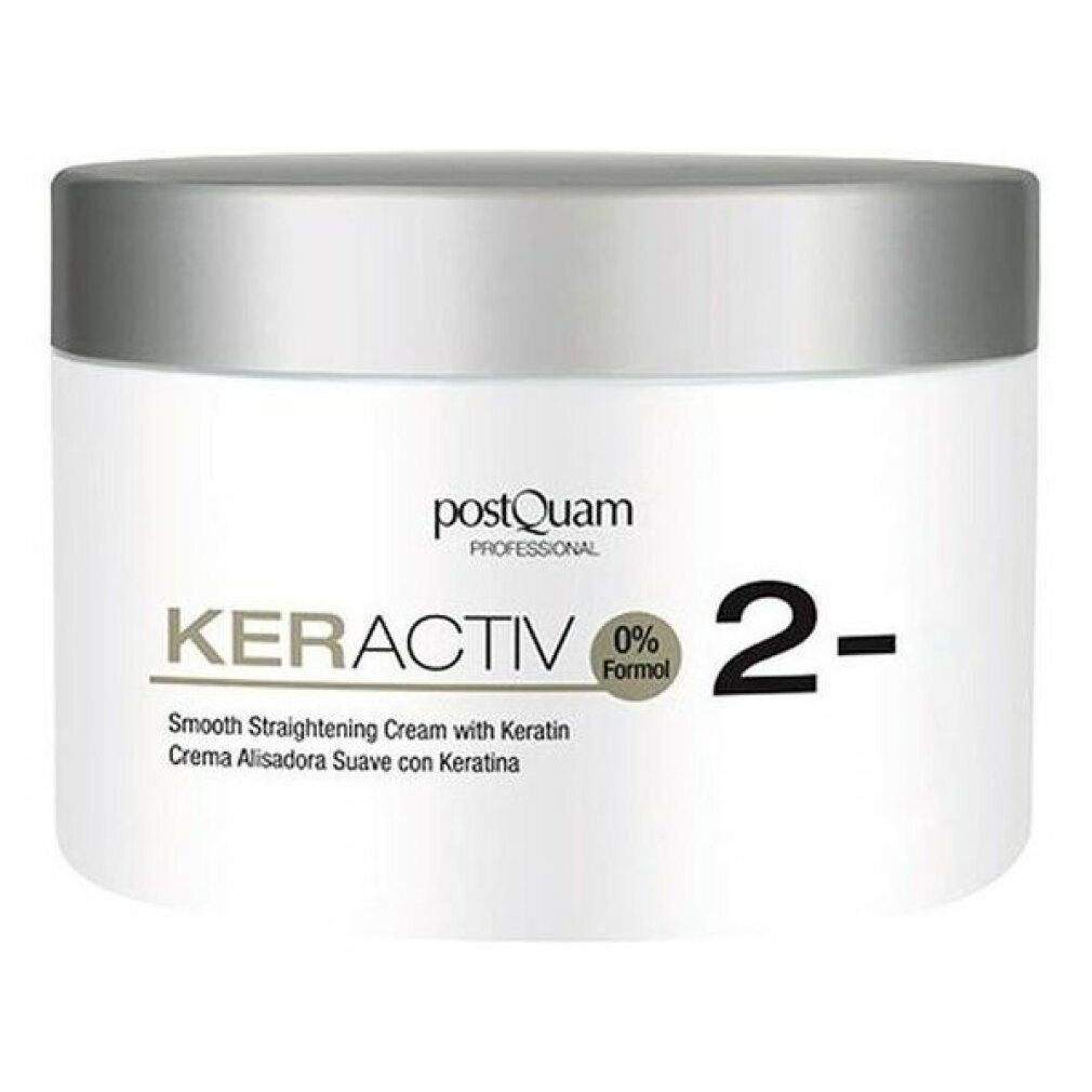 PostQuam Keractiv 2- Glättende Creme mit Keratin, 0% Formaldehyd. Weiße Dose mit silbernem Deckel.