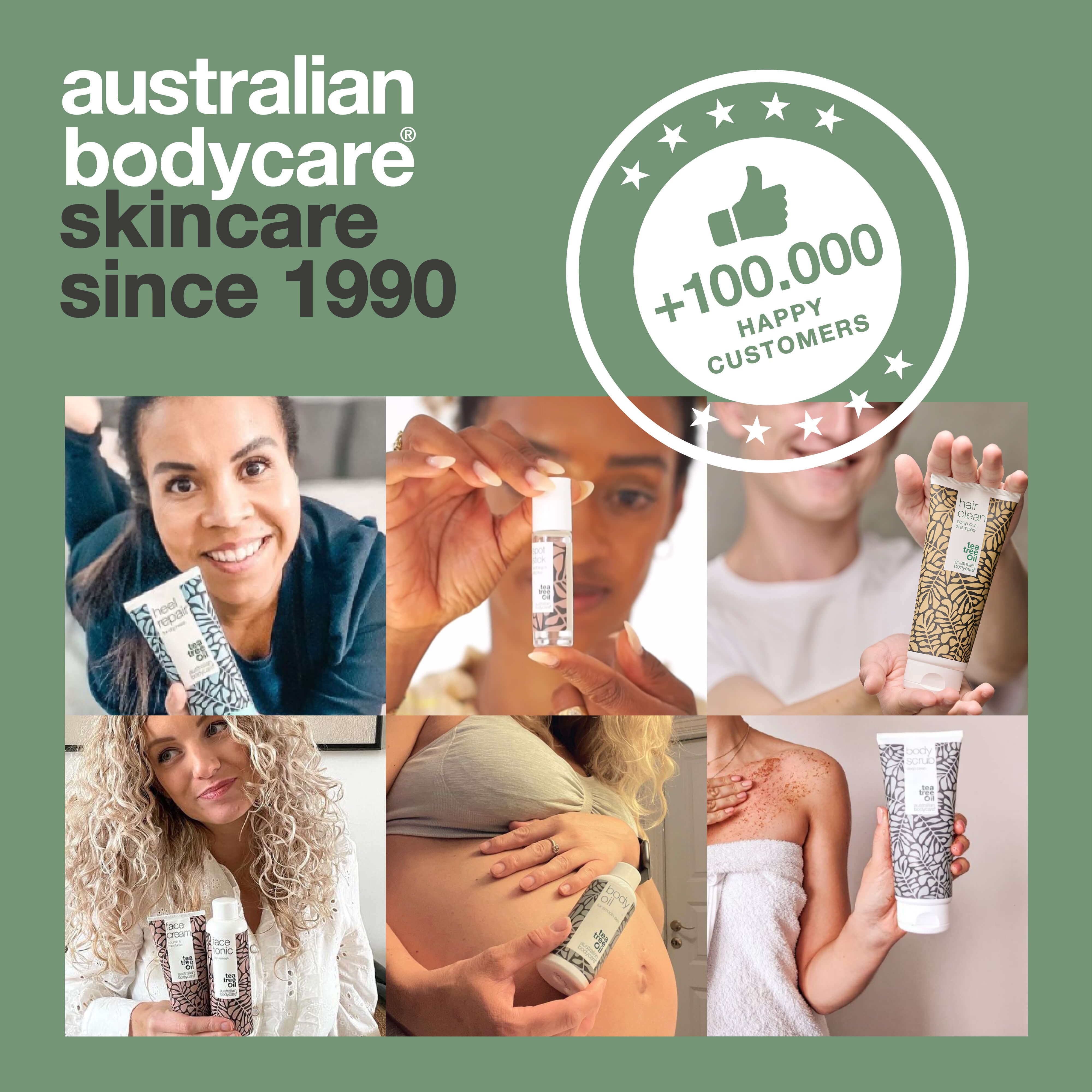 Collage mit Menschen und Produkten. Text: "australian bodycare skincare since 1990".